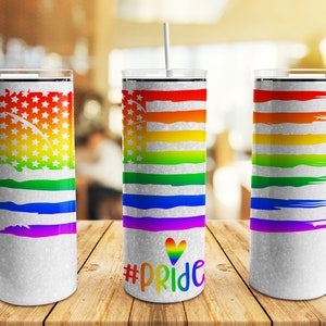 Pride LGBT Tumbler Wrap PNG, 20 oz Skinny Tumbler Gay Pride Flag Rainbow Glitter Sublimation Design Straight Tapered Template