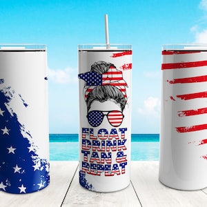 Messy Bun Float Drink Tan Repeat Tumbler Wrap PNG, Beach Life 20 oz Skinny Tumbler Sublimation Design Template, American Flag, Summer Vibes