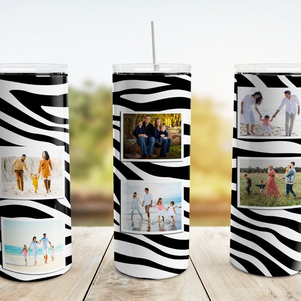 Zebra Tumbler Wrap PNG, Photo Collage Tumbler Png, Zebra Print 20 oz Skinny Tumbler Sublimation Design Template, Digital Download