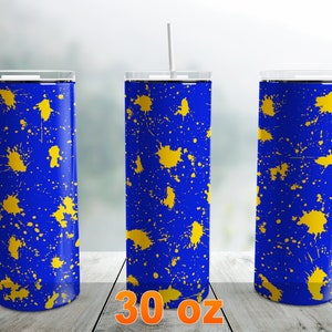 Blue Gold Yellow Power Wash Tumbler Wrap PNG, Splash 30 oz Skinny Tumbler Sublimation Design, Add School Logo, Splatter Painting