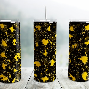 Black Gold Yellow Power Wash Tumbler Wrap PNG, Splash 20 oz Skinny Tumbler Sublimation Design, Add School Logo, Splatter Painting