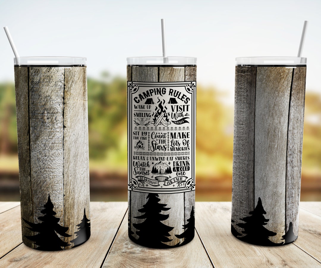Wood Vintage Sign Camping Rules Tumbler Wrap PNG, 20 Oz Skinny Tumbler ...