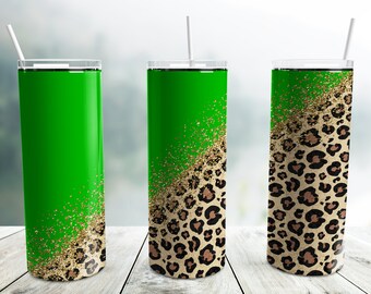 Glitter Gold Green Diagonal Leopard Tumbler Wrap PNG, 20 oz Skinny Tumbler Sublimation Design Template, Leopard Print Seamless Tumbler Wrap