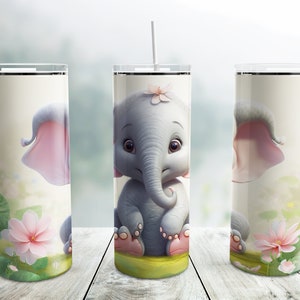 Flowers Baby Elephant Tumbler Wrap PNG, Floral 20 oz Skinny Tumbler Sublimation Design Template, Digital Download