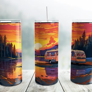 Camper Lakeside Sunset Neo Tumbler Wrap PNG, 20 oz Skinny Tumbler Sublimation Design Template, Camping Tumbler, Digital Download
