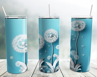Envoltura de vaso de flores de diente de león 3D PNG, plantilla de diseño de sublimación de vaso flaco de 20 oz floral, descarga digital
