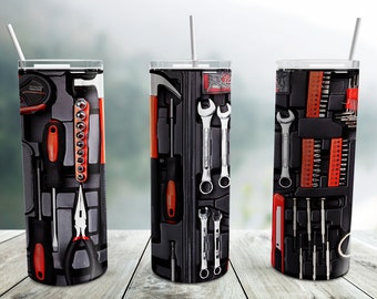 Mekanisk tumblerwrap PNG, 20 oz smal tumbler sublimeringsdesignmall, verktygslåda, fars dag, digital nedladdning