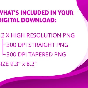 Puede incluir: Gr&aacute;fico de descarga digital con texto morado y blanco sobre un fondo blanco y magenta. El texto dice "WHAT'S INCLUDED IN YOUR DIGITAL DOWNLOAD:" seguido de una lista de archivos PNG incluidos y el tama&ntilde;o, 23,6 cm x 20,8 cm.