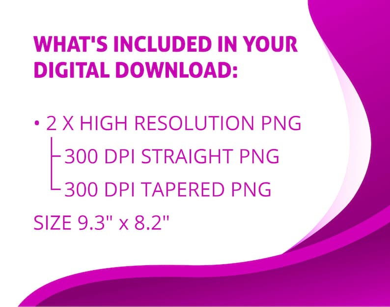 Puede incluir: Gr&aacute;fico de descarga digital con texto morado y blanco sobre un fondo blanco y magenta. El texto dice "WHAT'S INCLUDED IN YOUR DIGITAL DOWNLOAD:" seguido de una lista de archivos PNG incluidos y el tama&ntilde;o, 23,6 cm x 20,8 cm.