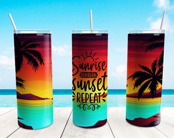 Sunrise Sunburn Sunset Repeat Tumbler Wrap PNG, 20 oz Skinny Tumbler Sublimation Design Straight Tapered Template, Digital Download