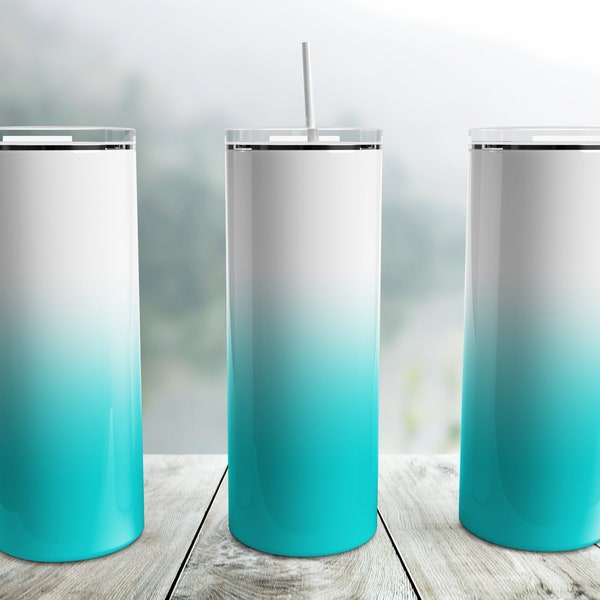 Teal Ombre Tumbler Wrap PNG, White to Teal 20 oz Skinny Tumbler Sublimation Design Template, Seamless Tumbler Wrap, Gradient Tumbler Png