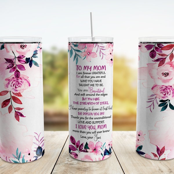 To My Mom Tumbler Wrap PNG, Mothers Day 20 oz Skinny Tumbler Sublimation Design, Love, Your Son, Floral Tumbler