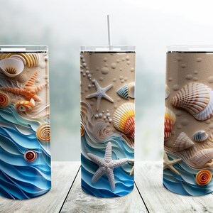 3D Seashells Beach Ocean Tumbler Wrap PNG, 20 oz Skinny Tumbler Sublimation Design Template, Digital Download