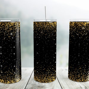 Black Glitter Tumbler Wrap PNG, Gold Glitter 20 oz Skinny Tumbler Sublimation Design Straight Tapered Template, Digital Download