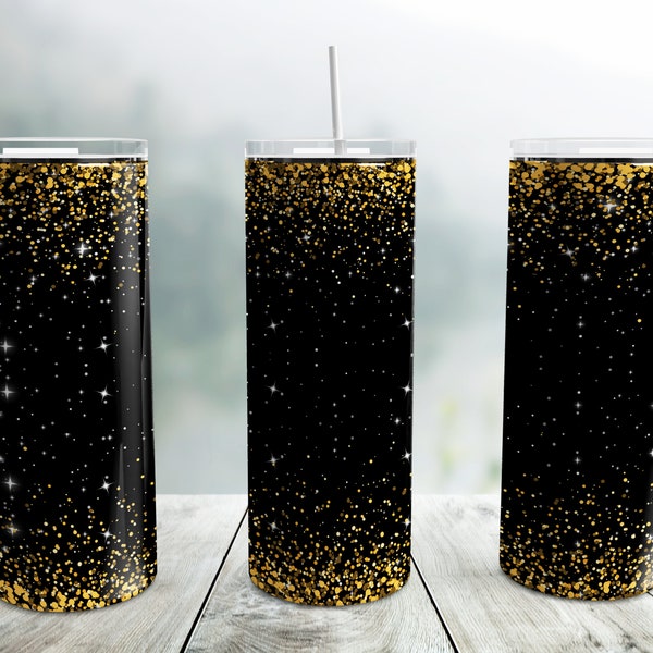 Black Glitter Tumbler Wrap PNG, Gold Glitter 20 oz Skinny Tumbler Sublimation Design Straight Tapered Template, Digital Download