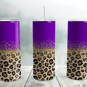 Glitter Gold Purple Horizontal Leopard Tumbler Wrap PNG, 20 oz Skinny Tumbler Sublimation Design, Leopard Print Seamless Tumbler Wrap