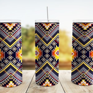 May include: Three stainless steel tumblers with a geometric pattern in shades of yellow, orange, red, blue, and gray. The pattern is reminiscent of Native American art.