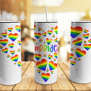 Pride LGBT Tumbler Wrap PNG, Hearts 20 oz Skinny Tumbler Gay Pride Flag Rainbow Glitter Sublimation Design Straight Tapered Template