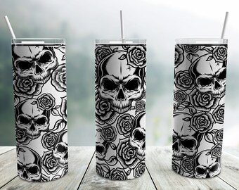 Skulls And Flowers Tumbler Wrap PNG, Skull Full 20 oz Skinny Tumbler Sublimation Design Straight Tapered Template, Digital Download
