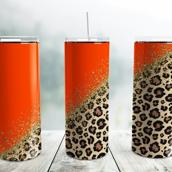 Glitter Gold Orange Diagonal Leopard Tumbler Wrap PNG, 20 oz Skinny Tumbler Sublimation Design Template, Leopard Print Seamless Tumbler Wrap