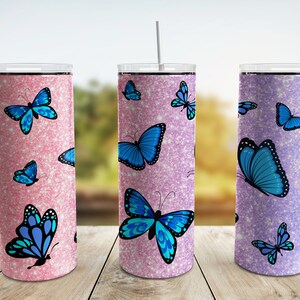 Blue Butterflies Tumbler Wrap PNG, 20 oz Skinny Butterfly Glitter Tumbler Sublimation Design Straight Tapered Template, Digital Download