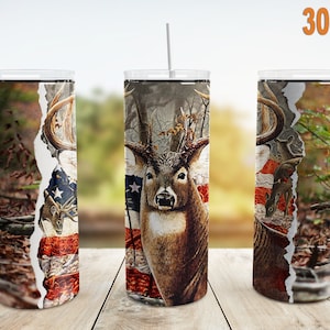Deer Hunting Tumbler Wrap PNG, Camo Hunt 30 oz Skinny Tumbler Sublimation Design Template, American Flag, Digital Download