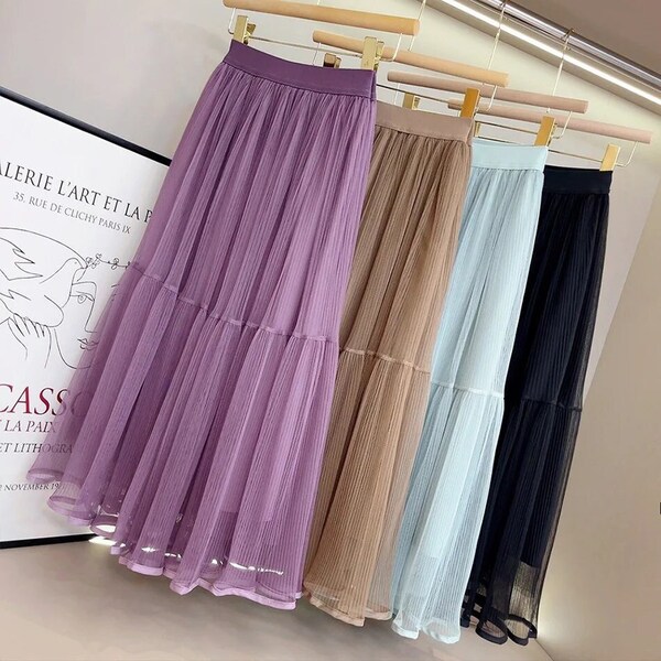 MIA - Simple midi skirt for women, plain straight cut tulle, tutu petticoat