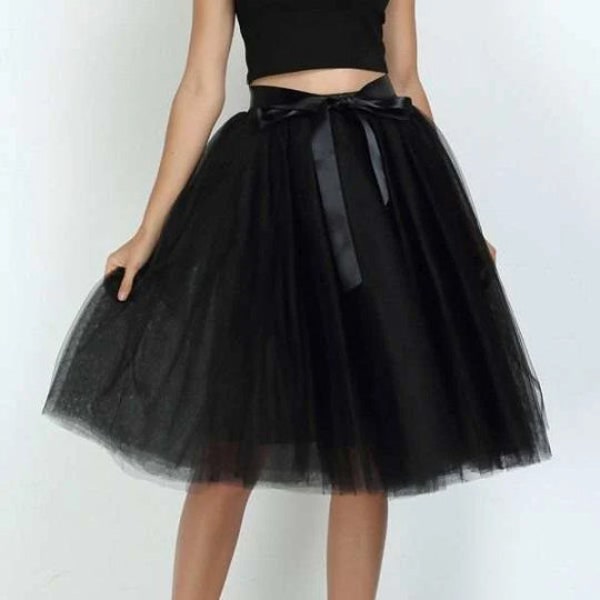 GEORGETTE - Jupe courte femme tulle bouffante effet boule, 6 couches, 65 cm, ceinture ruban noeud satiné, jupon tutu