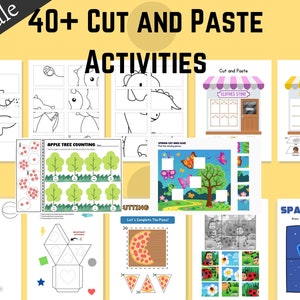 May include: A bundle of 40+ printable cut and paste activities for children. The activities include a variety of themes, such as animals, food, and spring. The activities are designed to help children develop their fine motor skills, problem-solving skills, and creativity.