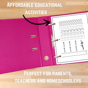 May include: A pink binder with a white sheet of paper inside. The paper has black lines and shapes for practicing handwriting. The binder has the text "AFFORDABLE EDUCATIONAL ACTIVITIES" on the front. The text "PERFECT FOR PARENTS, TEACHERS AND HOMESCHOOLERS" is on the bottom of the image.