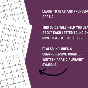 May include: A black and white image of a guide to learning how to read and pronounce Arabic. The guide includes a chart of the Arabic alphabet and instructions on how to write the letters. The text reads "Learn to read and pronounce Arabic. This guide will help you learn about each letter sound and how to write the letters. It also includes a comprehensive chart of written Arabic alphabet symbols."