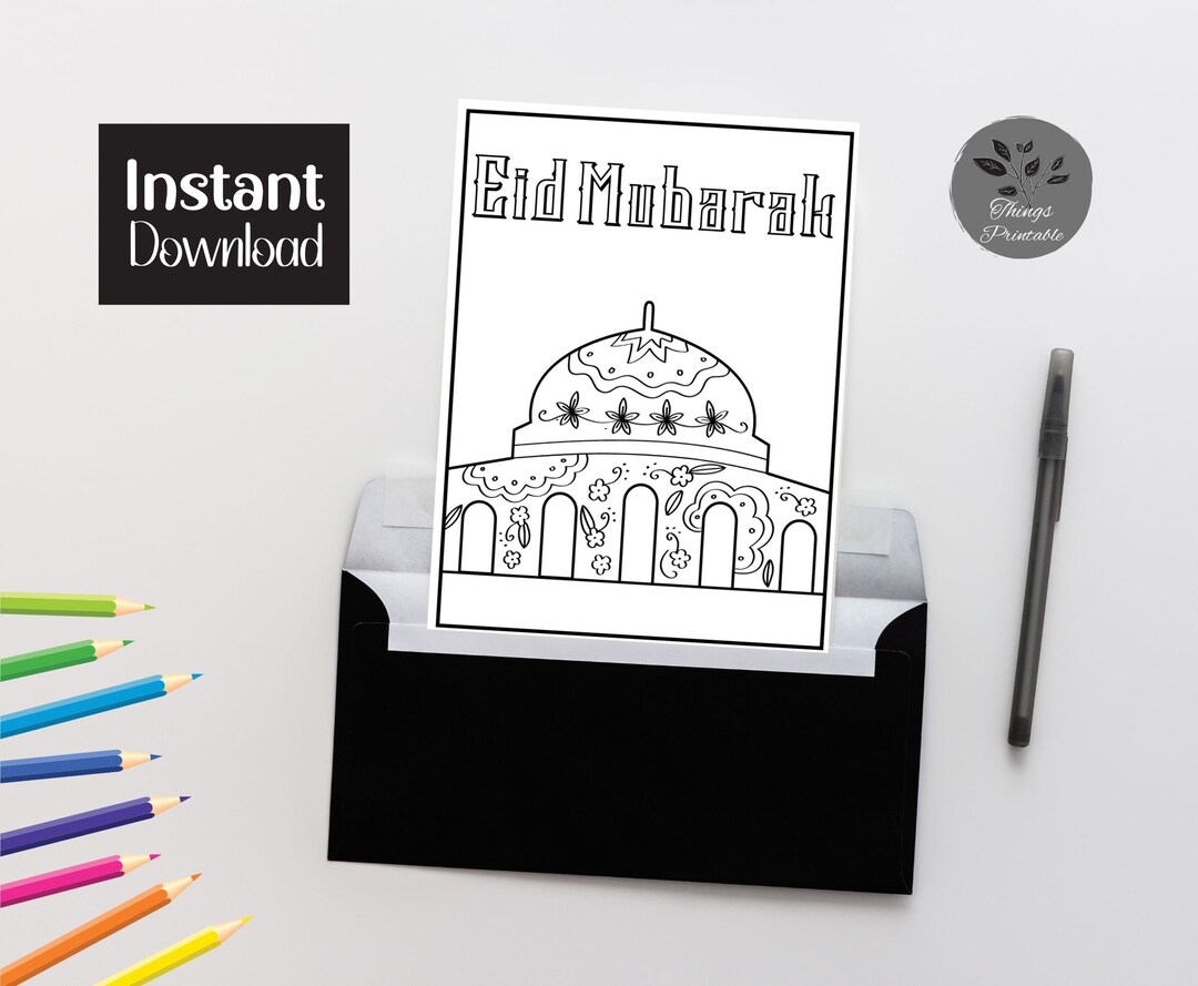 PRINTABLE Eid Mubarak Coloring Card, Mosque Eid Card, Eid Card for Kids