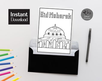 AFDRUKBARE Eid Mubarak kleurkaart, moskee Eid-kaart, Eid-kaart voor kinderen, Eid kleur je eigen kaart, DIY Print & Kleur