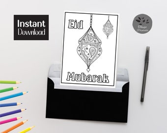AFDRUKBARE Eid Mubarak kleurkaart, lantaarn decoratie Eid-kaart, Eid-kaart voor kinderen, Eid kleur je eigen kaart, DIY Print & Kleur