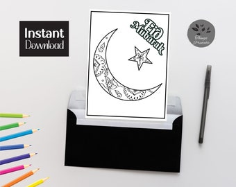 AFDRUKBARE Eid kleurkaart, maan Eid kaart, Eid kaart voor kinderen, Eid kleur je eigen kaart, DIY Print & Kleur