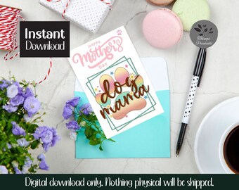 Moederdagkaart afdrukbaar, Moederdagkaart, 7x5 wenskaart, hondmoeder, kleurrijk schattig ontwerp, typografie, afdrukbaar digitaal, downloaden