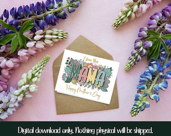 Afdrukbare Moederdagkaart Mooi, Moederdagkaart, Wenskaart, Bloemen, Elegant, Complex ontwerp, Typografie, Digitaal, Download