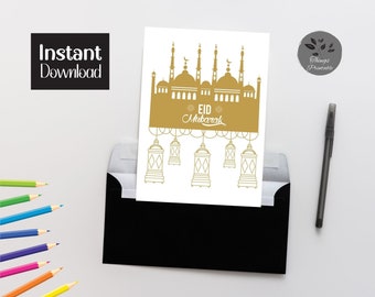 PRINTABLE Eid Card, Eid Mubarak Card, Eid Card with mosque – Elegant, minimalistic design, Eid al-Fitr, Eid al-Adha