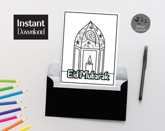 AFDRUKBARE Eid-kleurkaart, lantaarn Eid-kaart, Eid-kaart voor kinderen, Eid kleur je eigen kaart, DIY Print & Kleur