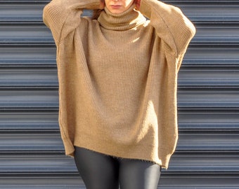 Hand-Knit Tunic Sweater - Caramel Oversize Slouchy Turtleneck, Long Sleeve - One Size Fits Most - Various Colors Available