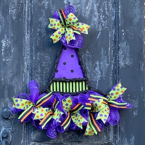 Purple and Lime Green Witch Hat Door Hanger, Witch Hat Wreath with Deco Mesh and Ribbon for Front Door, Halloween Witch Hat Decor for Door