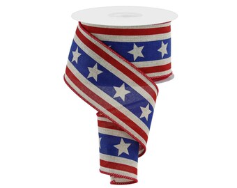 Rustic Patriotic Ribbon: Red, White, Blue Stars & Stripes - 2.5 Inch, 10 Yard