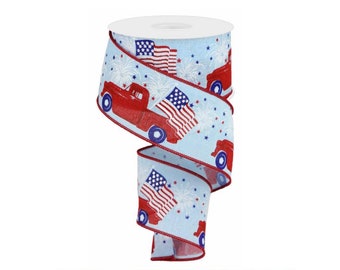 Patriotic Truck Wired Ribbon: Red, White, and Blue USA Ribbon - 2.5 Inch, 10 Yard