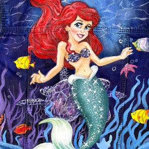 Hand-Painted Mermaid Denim Jacket: Custom Ocean Artwear for Girls