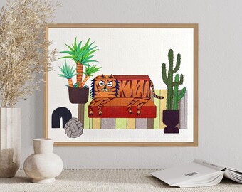 Tiger on a Couch - Fine Art Giclée Print | Colored Pencil Art | Children's Wall Art | Home Decor | Housewarming Gift