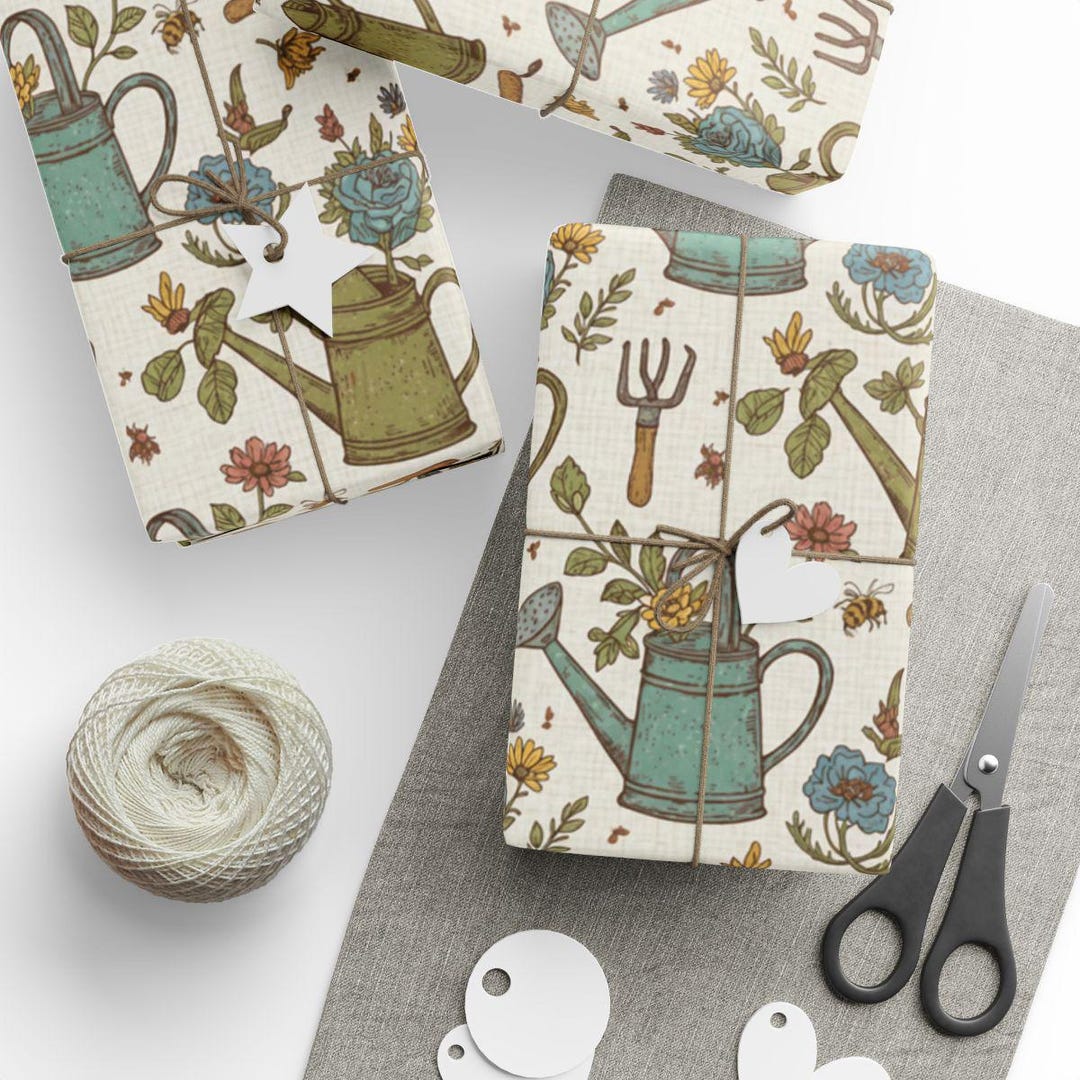 Floral Watering Can Wrapping Paper, Gardening Gift Wrap, Botanical ...