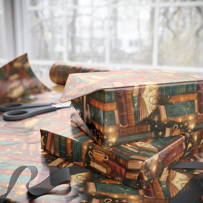 Bookshelf Wrapping Paper, Cozy Books, Tea, Study, Librarian Gift Wrap ...