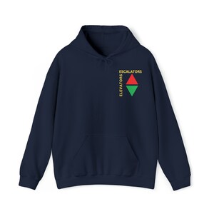 May include: A navy blue hoodie with a gold graphic of a red and green triangle with the words "Elevators" and "Escalators" on either side.