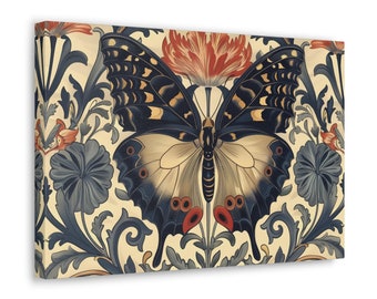 Butterfly Canvas Gallery Wrap: William Morris Style Floral Art