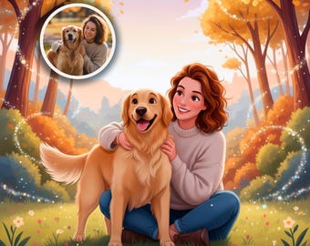 Pet and Owner Drawing| Disney Pixar style illustration | for cat and dog owner